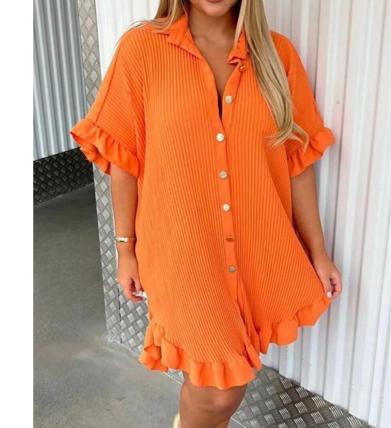Product Introduction of Women’s Ladies Gold Button Pleated Frill Summer Shirt Swing Mini Dress Viral TikTok Top Casual Fabric 4