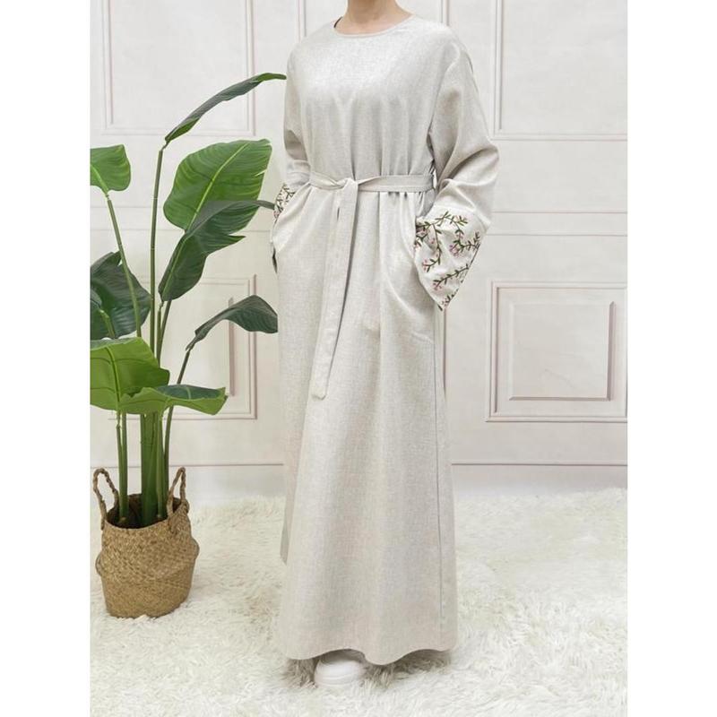 【2025】Arabic Clothing-floral Embroidery Long Sleeve Belted Tunic Dress, Elegant Long Dress for Women, Women's Islamic Clothing for All Seasons, Abaya for Daily Wear 5