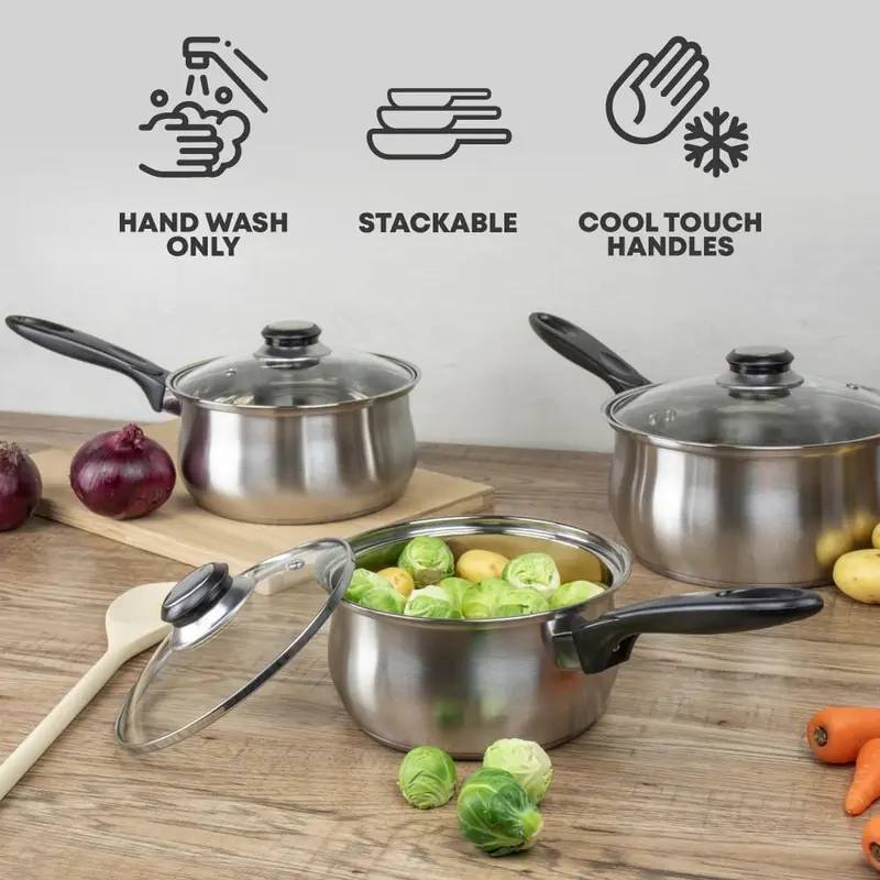 Lustro 3-Piece Stainless Steel Cookware Saucepan Set - Black Handles - 16 / 18 / 20cm 5