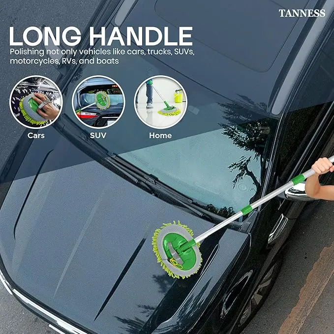 TANNESS Car Cleaning Brush | Microfibre Mop with Mittens | Car Wash Kit for Cleaning Van Truck Caravan | Scratch Free 2 x Mop Heads | 1 x Extendable Pole 60-106cm with 3 Sections Cleaning Products 3