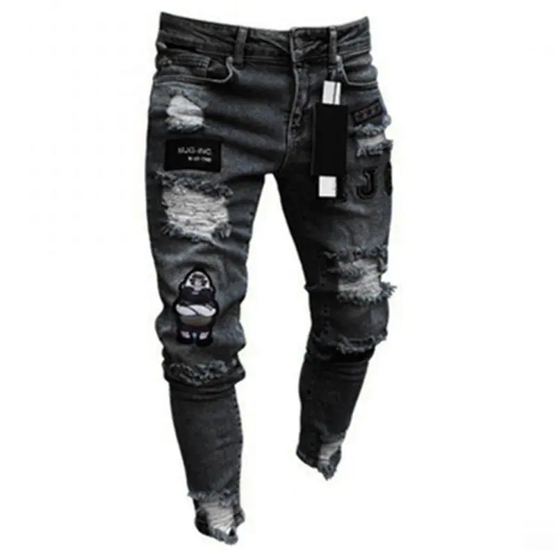Embroidered jeans men cotton elastic ripped skinny jeans slim fit loose jeans men trousers streetwear 6