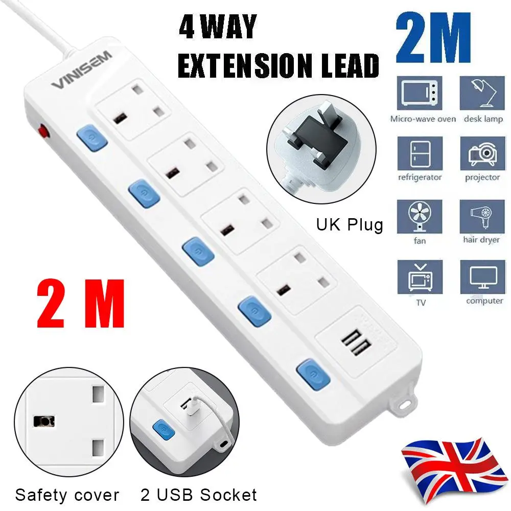 2M 4 Gang Extension Lead with 2 USB Slots (2 USB-A), Individually Switched Extension Lead with USB Slots, White 2 Metre Extension Lead, For Home Dorm Office Multi Plug surge protection cord