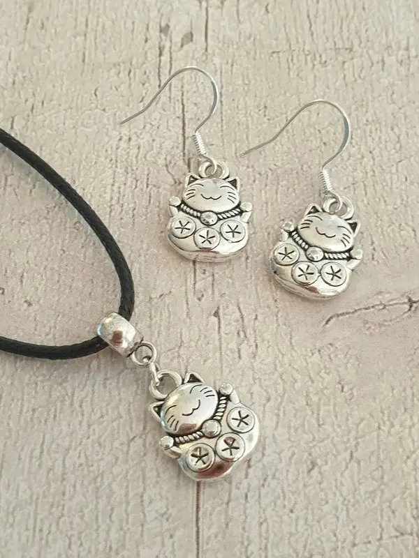 Handmade Antique Silver Chinese Lucky Cat Charm Jewellery Set, Dangly Earring And Necklace Set In Gift Bag, Cat Lover, Cord Or Chain Options 1