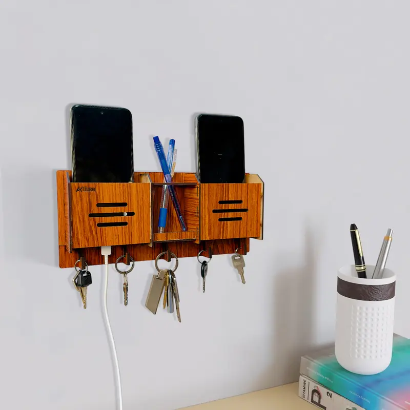 Wooden Key Holder For Home Decoration Wooden | Wall-Mounted Key Hanger with Mobile Charging Slots – 5 Key Hooks | 2 Phone Pockets, Extra Storage Slot | Modern Organizer for Home Installation Hanging 3