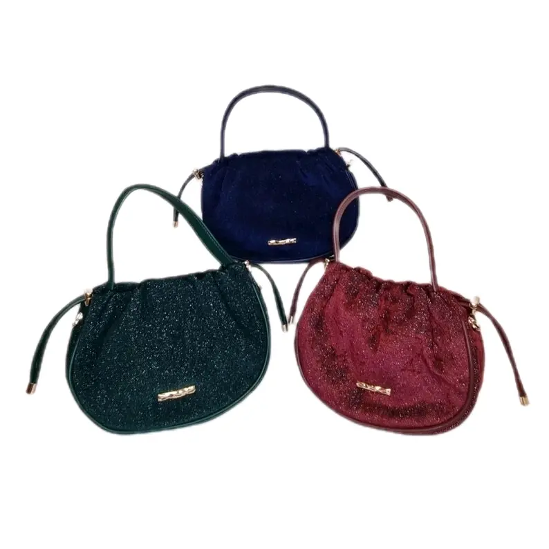 Velvet Shimmer Intertwined Glitter Half Moon Embellished Faux Leather Top Handle Evening Clutch Bag - Dark Green, Burgundy Red and Navy Blue for Women odourless elegant fashion bags