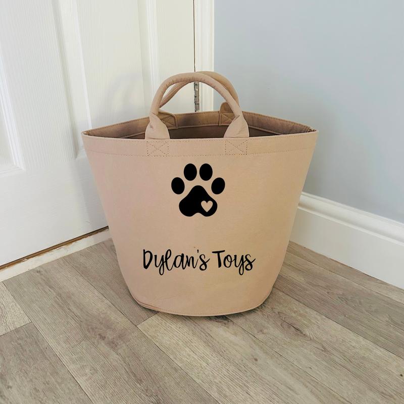 Personalised Dog Toy Basket Organiser - Felt - Grey or Beige Sand - Toy Box - Add your pet's name Gift 6
