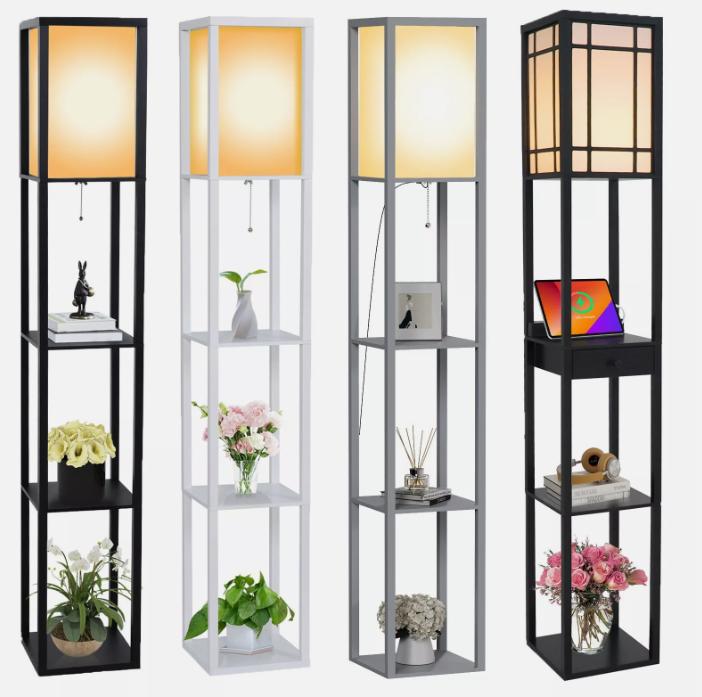 Product Introduction of LED Floor Lamp with 4-tier Storage Display Shelf and Wooden Frame for Modern Standing Lounge Light 0