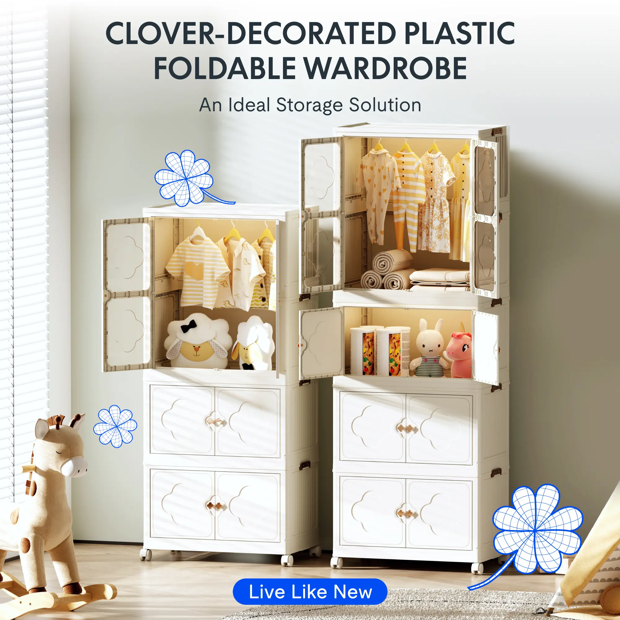 FLEXISPOT Portable Collapsible Wardrobe For Children's and Kids' Ware Foldable Plastic Storage Box with Wheels Storage Box with Lid, Storage Container for Home, Bedroom, Living Room, Bathroom, White Color 2 Set, 3 Set organizers, drawers