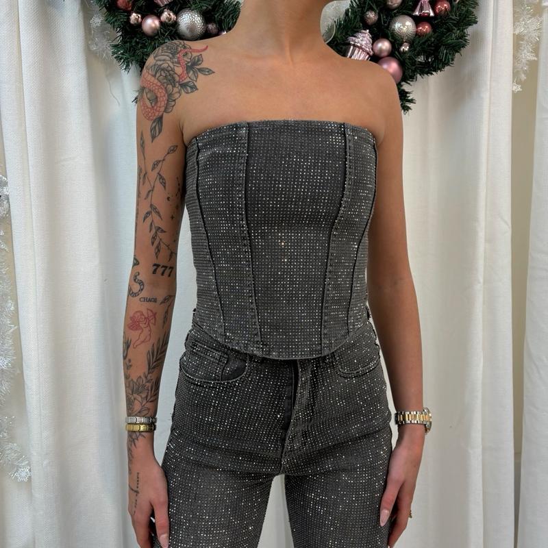 LUXE 1000+ Diamanté Rhinestone Sparkly Denim Corset Top Bralette 5