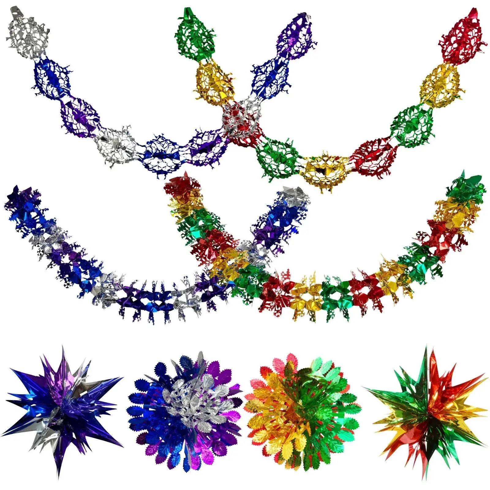 5Pcs Foil Snowflake, Star Garlands- 2M, Starbursts and Snowballs - 60cm Hanging Xmas Decorations for Wall and Ceiling, Perfect for Holiday Home Décor and  Christmas Parties Door Metallic Traditional Wedding Ornaments