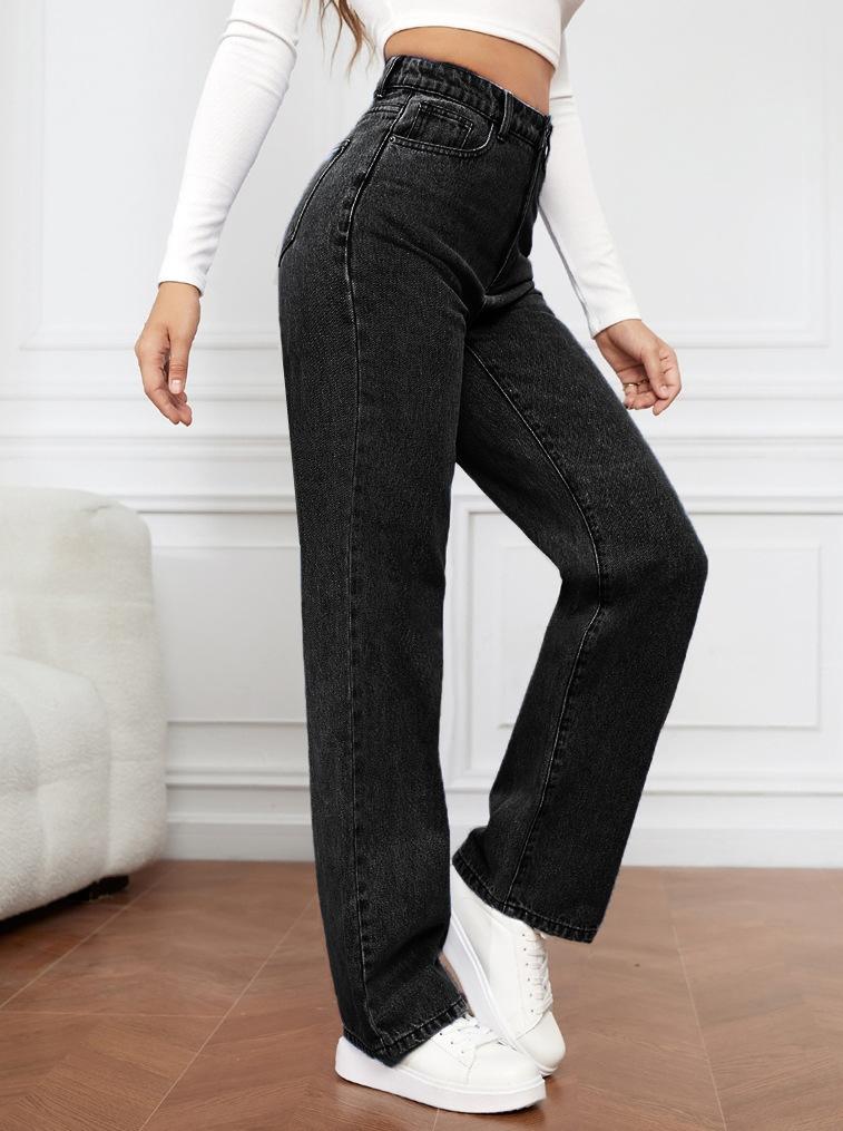 Product Introduction of Women Jeans Straight Pants Denim Washing High Waist Loose Fit Pockets Basics Ankle Length Pants Solid Color Slight Strech 15