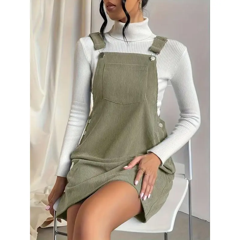 Women's Solid Color Pocket Button Pinafore Dress, Casual Sleeveless Short Overall Dress for Daily Wear, Ladies Clothes for All Seasons