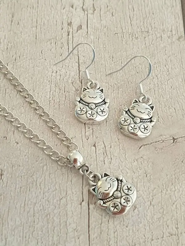 Handmade Antique Silver Chinese Lucky Cat Charm Jewellery Set, Dangly Earring And Necklace Set In Gift Bag, Cat Lover, Cord Or Chain Options 0