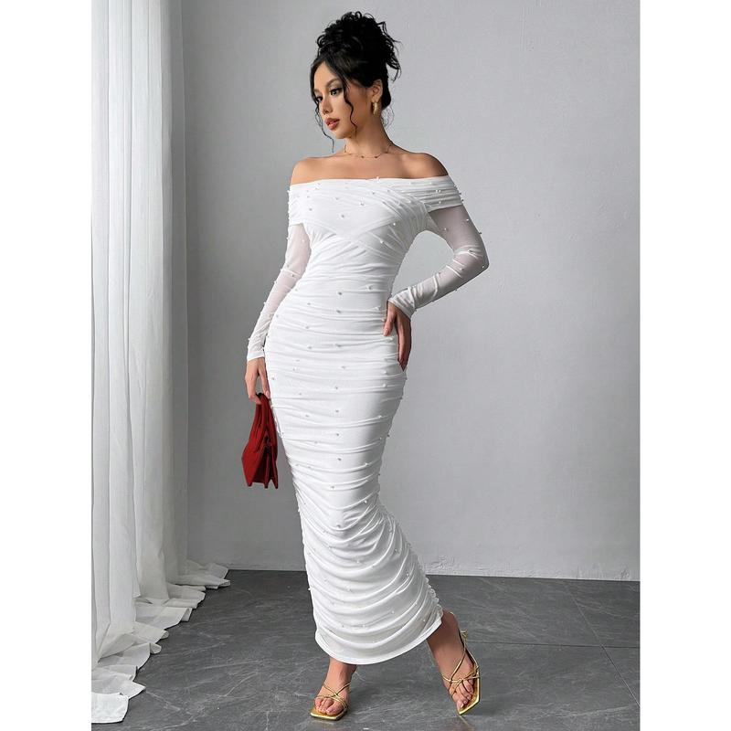 Firerie Women's Elegant White Open Shoulder Pearl Decor Ruched Slim Fit Maxi Dress, Graceful And Romantic For Party, Valentine's Day Fabric Formal 5