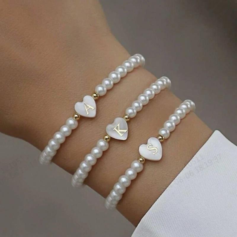 Pearl Beaded Heart Letter Bracelets (Choose Letter Below) 0