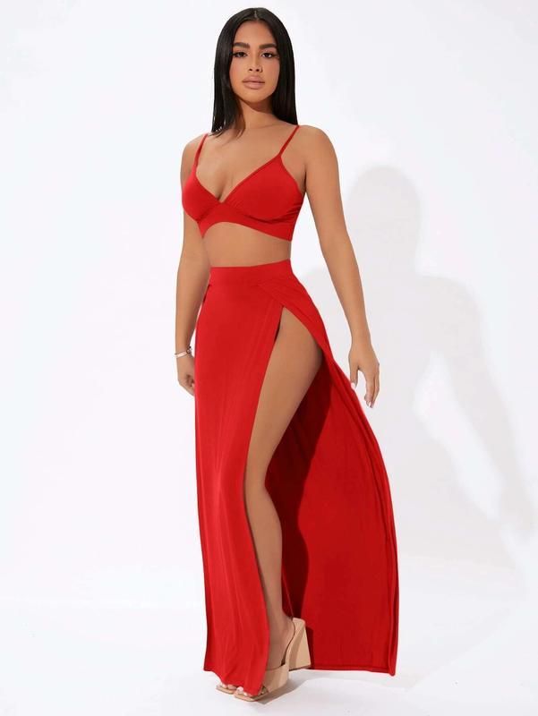 Womens Long Double Split High Waist Ladies Plain Jersey Stretch Two Side Slit Maxi Skirt 4