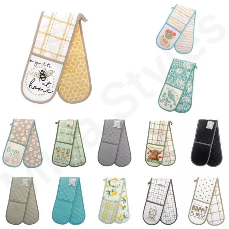 Stylish Double Oven Gloves with Insulated Cotton Mitts & Pot Holder - Various Designs - Classic, Bakeware - Heat Resistant 4