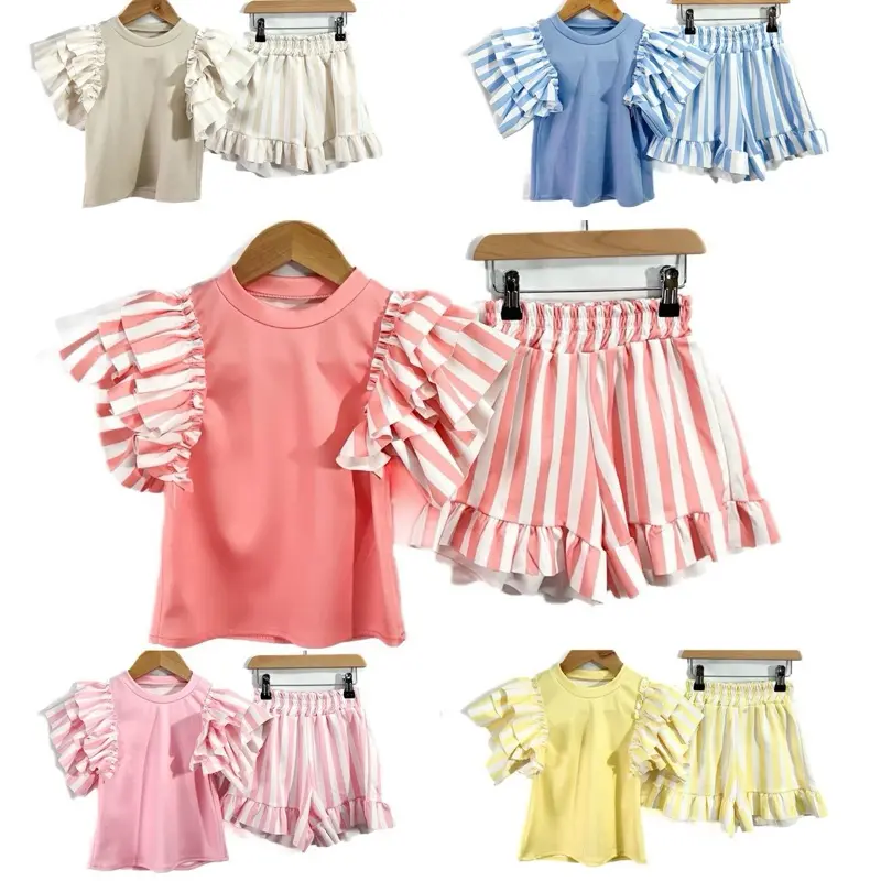Ginger Ivy: WHITSTABLE summer stripe ruffles layer top with stripe shorts holiday outfit for girls kids clothes
