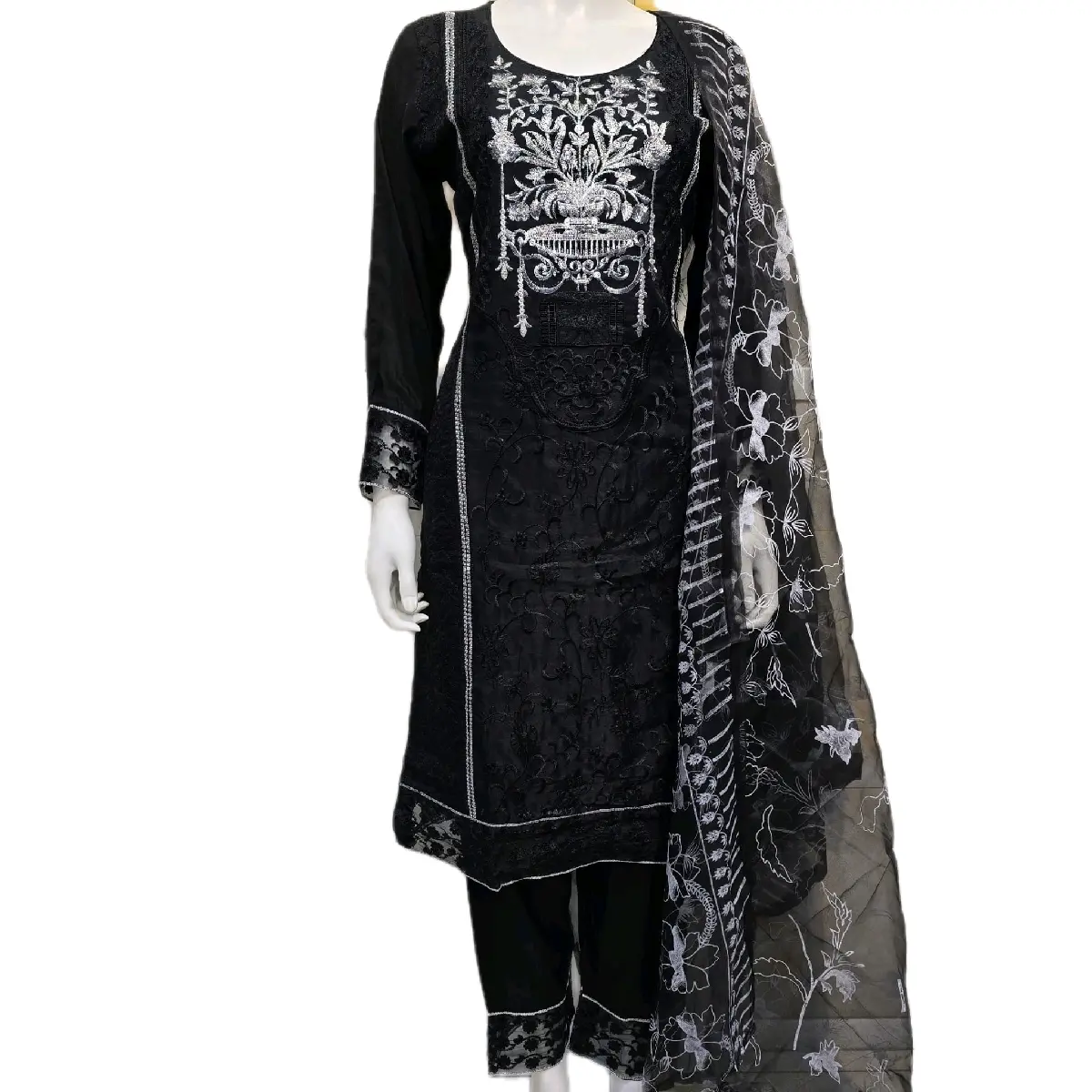 Organza with Silver Thread Embroidery in Black for Women our sizes fitted chest size S 36 M38 L 41 xl 43