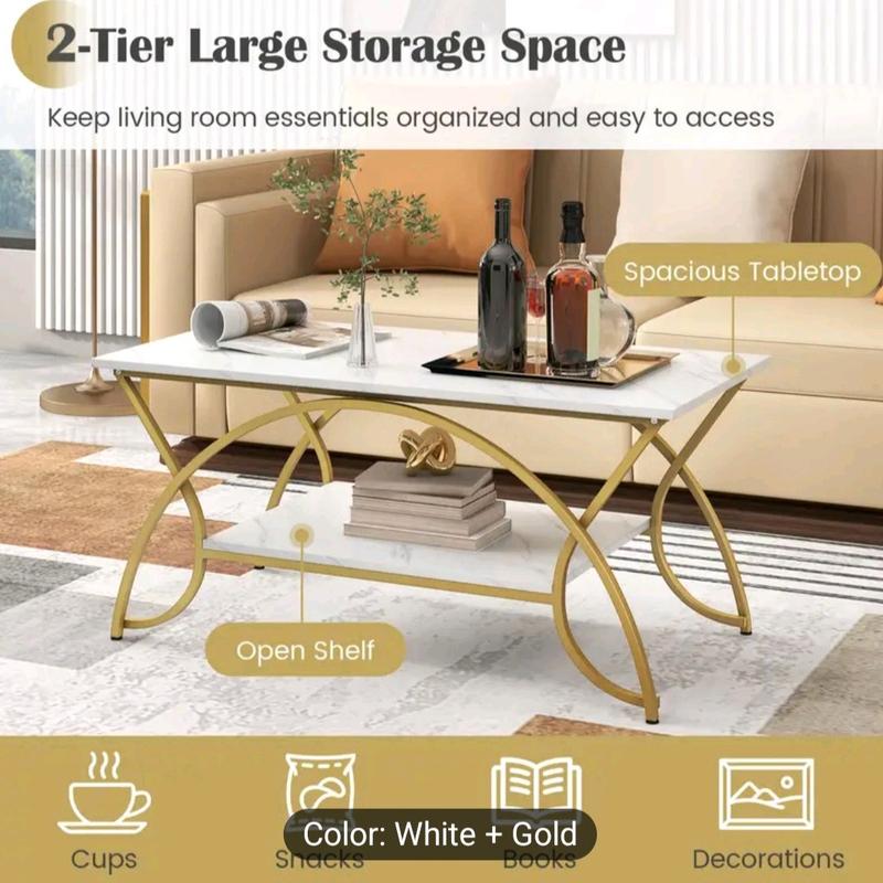 Modern Faux Marble Coffee Table, 2-Tier Rectangular Accent Table with Gold Finished Metal Frame, Chic Cocktail Table with Storage Shelf, Snack End Table for Living Room & Lounge 2