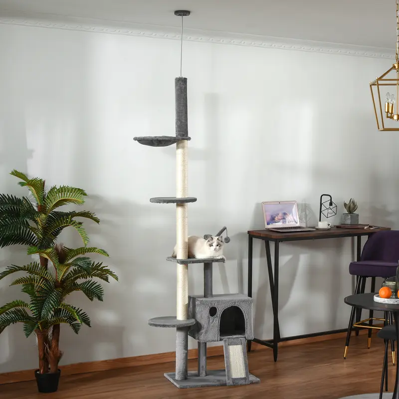 PawHut 270cm Floor To Ceiling Cat Tree Cat House Scratching Post for Indoor Cats Hammock Hanging Ball Activity Center Grey 1