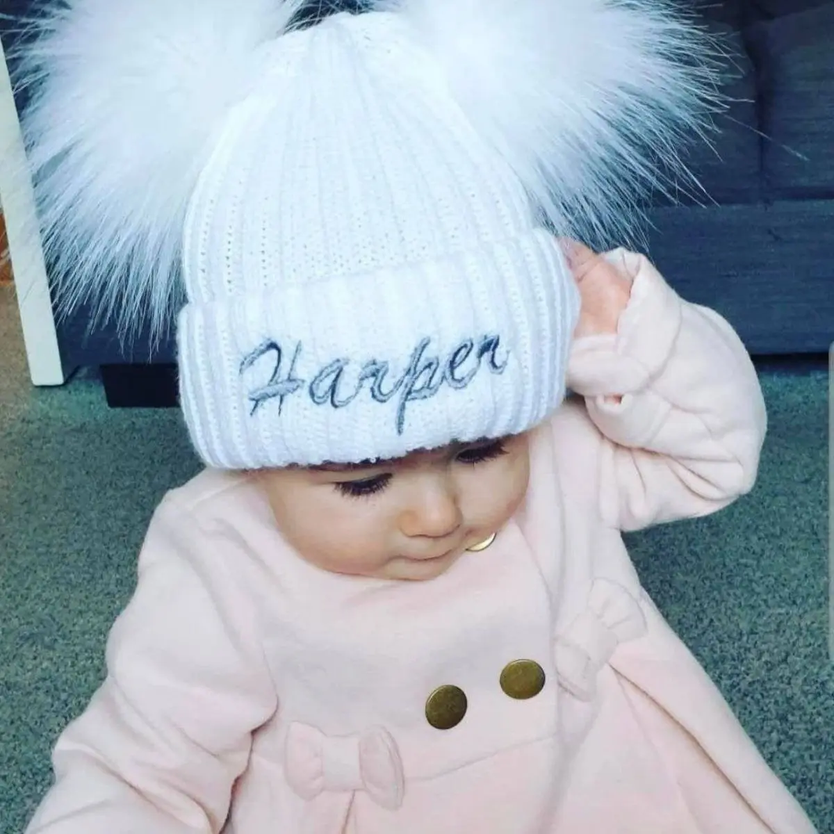 Personalised Baby Pom Hat - White Knit with Faux Fur Double Pom - Perfect for Matching Family Sets