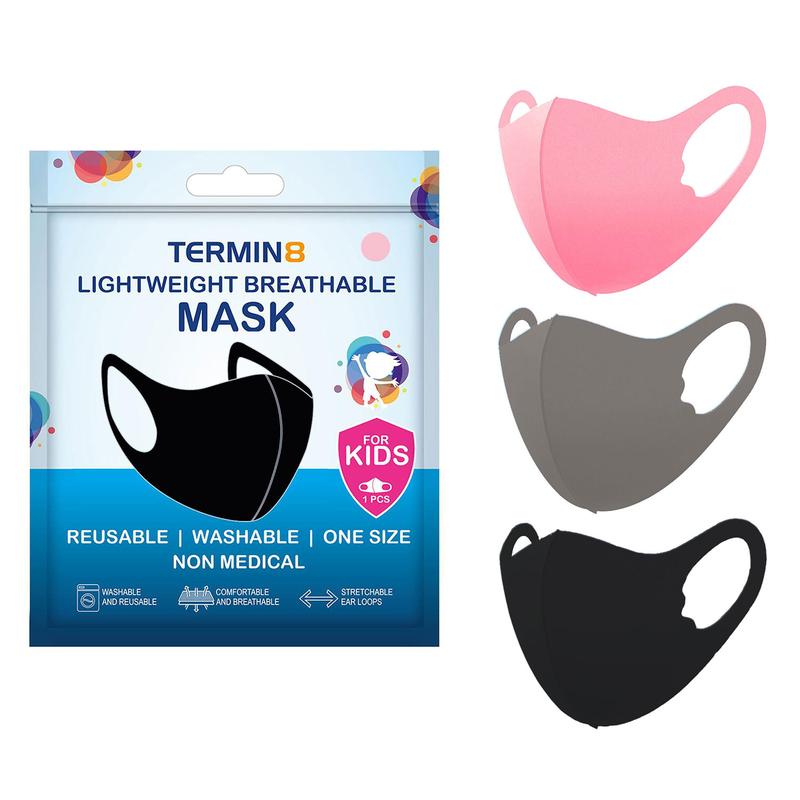 Termin8 Lightweight Breathable Reusable Face Mask for Kids Machine Washable Black, Pink or Grey 0