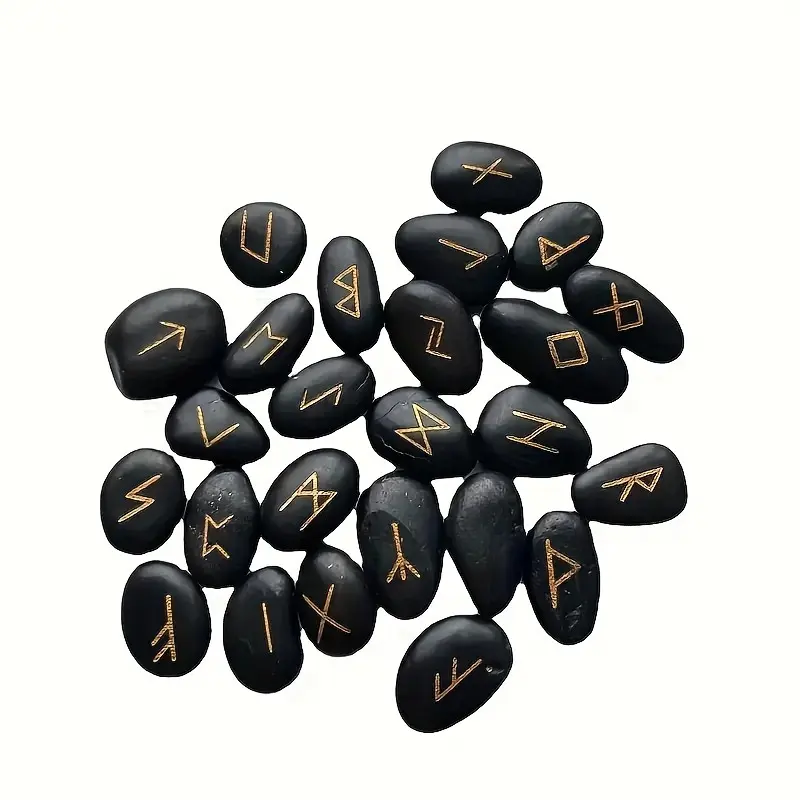 A Set of 25 Natural Black Pebbles Engraved with Ancient Letters, Accompanied by a Bag 4