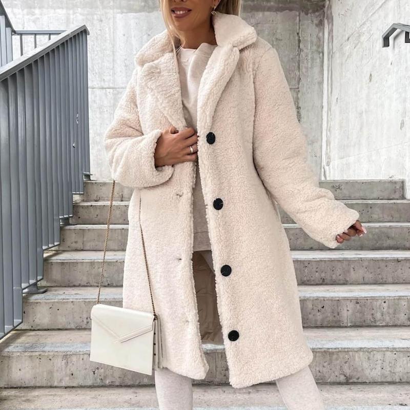 Trendy Women Overcoat Autumn Winter Women Trench Coat Long Style Pure Color Single-breasted Teddy Jacket  Windproof 5