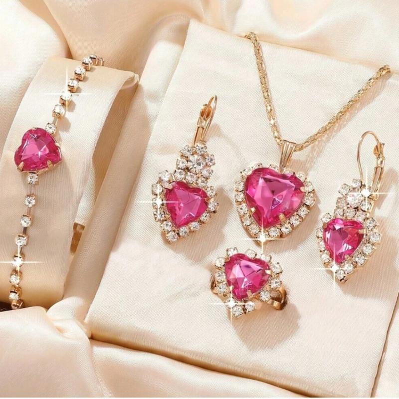 Set of necklace, earrings, ring and bracelet with red solid stone for elegant women in parties, Valentine's Day gift for girlfriend 3
