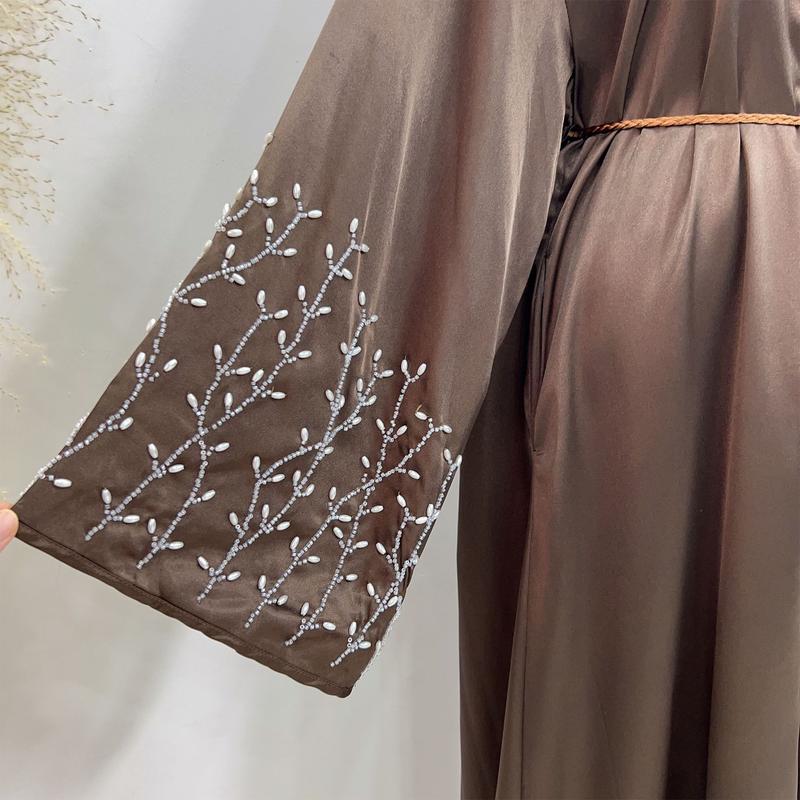 Product Introduction of HS1024 1pcs Satin Cardigan Handmade Beaded Dress Abaya 17