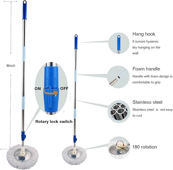 Spin Mop and Bucket with Wringer Set, 360° Spinning System, 3 Microfiber Mop Heads, 61" Stainless Steel Handle for Floor Cleaning Adjustable Pet 7