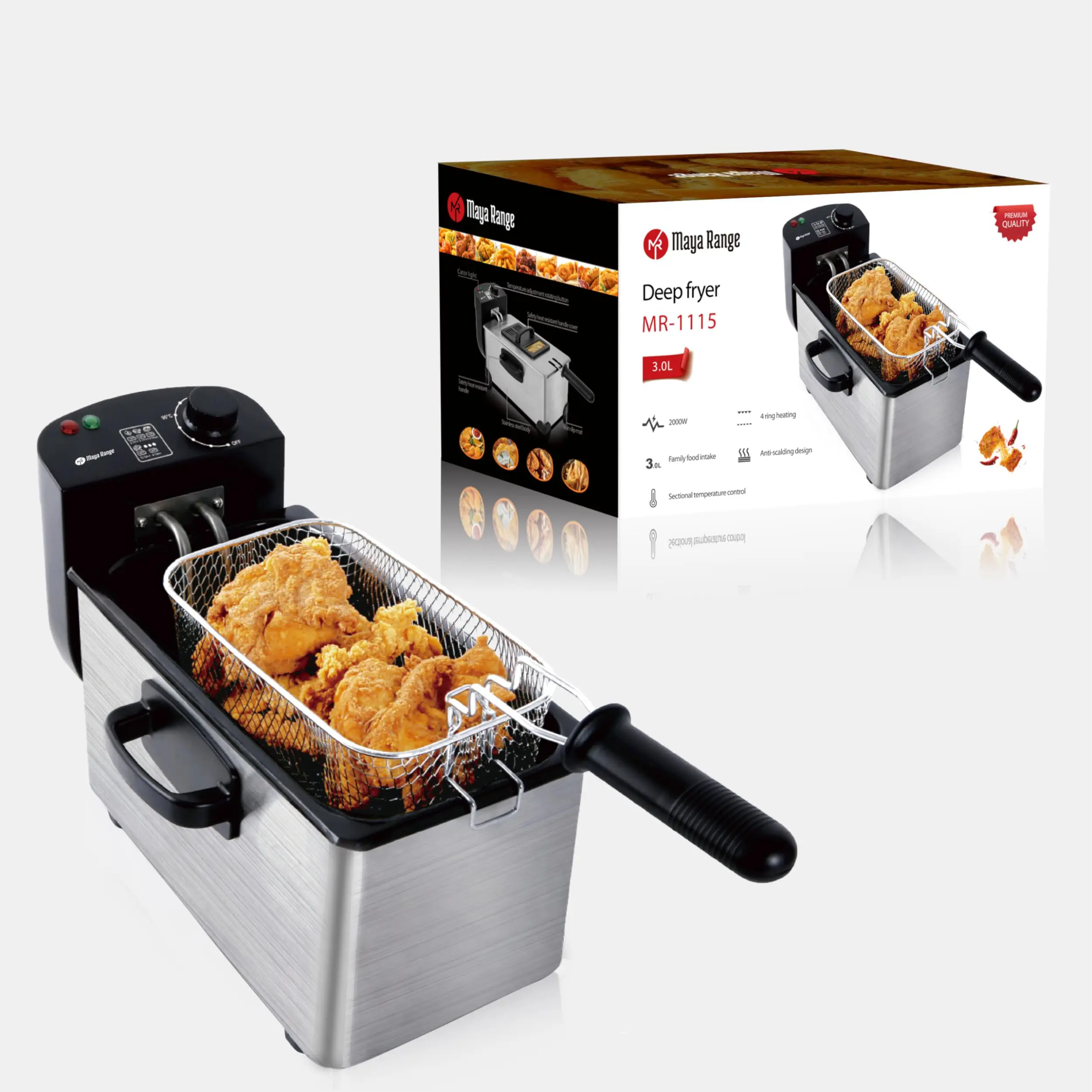 Maya Range Electric Deep Fat Fryer, 3 Litre Commercial Deep Fryer Easy Clean, Adjustable Temperature Control, Chip Pan with Basket & Lid for Kitchen, Restaurant, 2000W, Stainless Steel