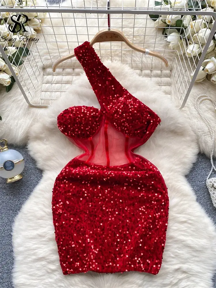 SINGREINY Autumn Bodycon Mesh Sequin Midi Dress for Women - Sexy Sleeveless Design with Diagonal Collar