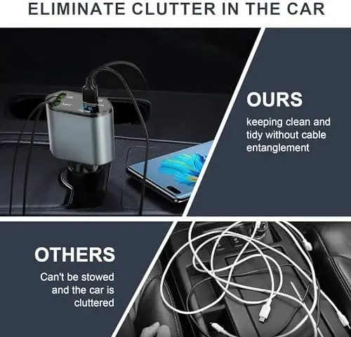 4 in 1 Retractable Car Charger, Type-C Cable Fast Charging Up To 66W, Car Phone Charger with Voltage Display for iPhone 15/14/13/12 Pro Max, iPad, Samsung, Electronic 3