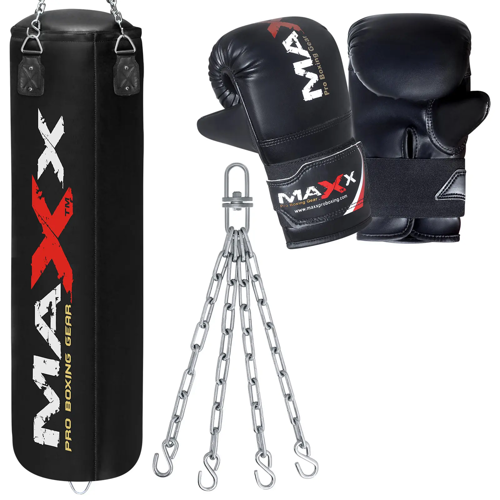 Maxx Pro Boxing Gear  Black heavy Filled Hanging boxing  Punch bag in sizes 3ft 4ft 5ft   Boxing bag with Chain and  Bag mitts ready to use