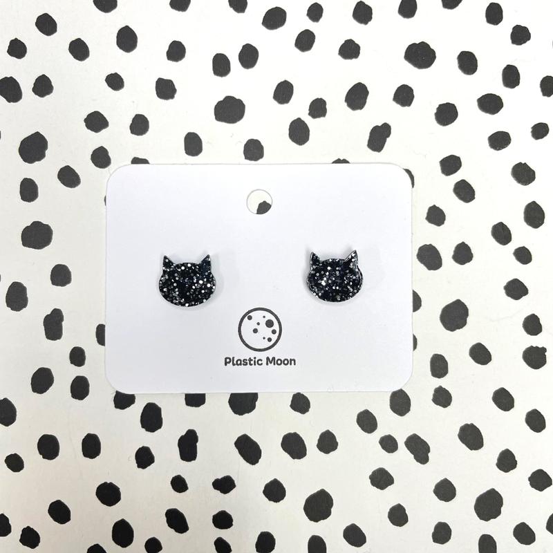 Black Glitter Cat Shaped Handmade Acrylic Stud 2