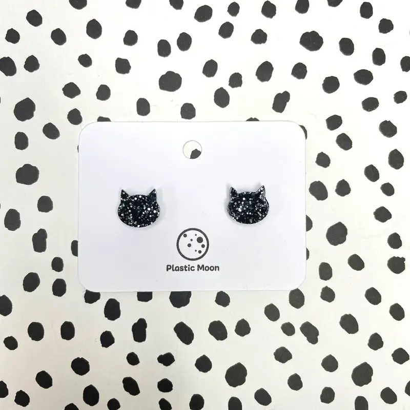 Black Glitter Cat Shaped Handmade Acrylic Stud 2