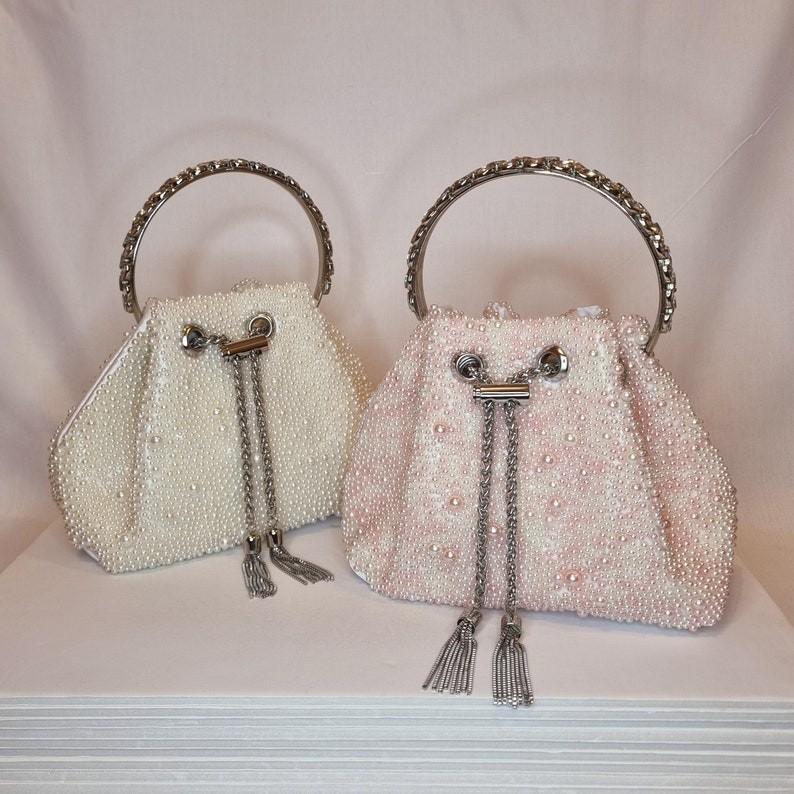 Product Introduction of Ivory Pink Pearl Luxury Bon Bon Crystal Diamond Top Handle Tassel Chain Embellished Evening Clutch Bag for Women odourless elegant fashion bags 7