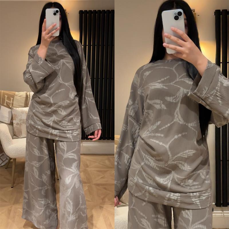 Product Introduction of Ladies Leaf Embroidered Two Piece Co-Ord Set Womens Floral Embossed Chic Elegance Crew Neck Top With Wide Leg Trousers Suit Womenswear Printed Modest Clothing Everyday Summer Vacation Wear Comfort Suit Long Sleeve 9