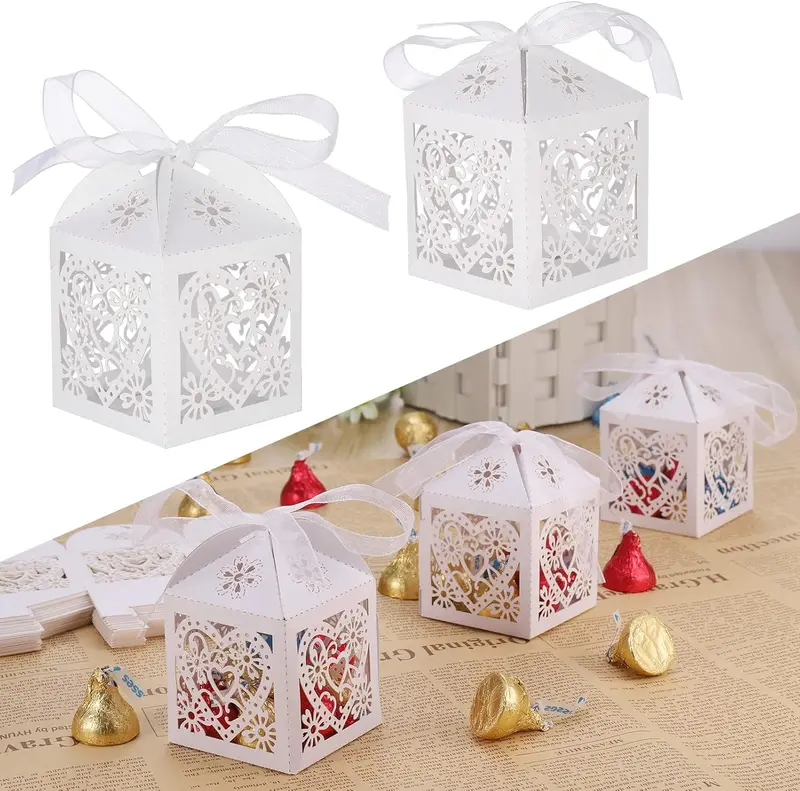 50 x Party Favour Box (5 x 5 x 7 cm) Laser Cut Wedding Favour Box White Candy Box for Wedding Favours for Guests Wedding Decoration for Weddings, Christenings, Birthdays 0
