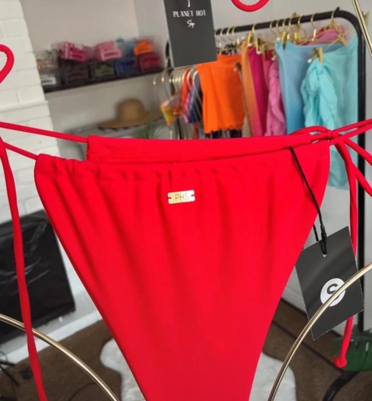 PHS Signature Bikini - Cherry Red - High Rise, Tie, Womenswear Swimwear for Ibiza Marbella Holiday, Gold Logo on Bum 3