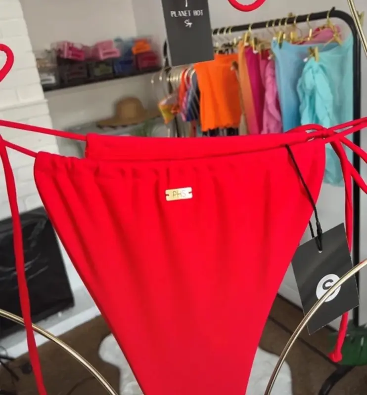 PHS Signature Bikini - Cherry Red - High Rise, Tie, Womenswear Swimwear for Ibiza Marbella Holiday, Gold Logo on Bum 3