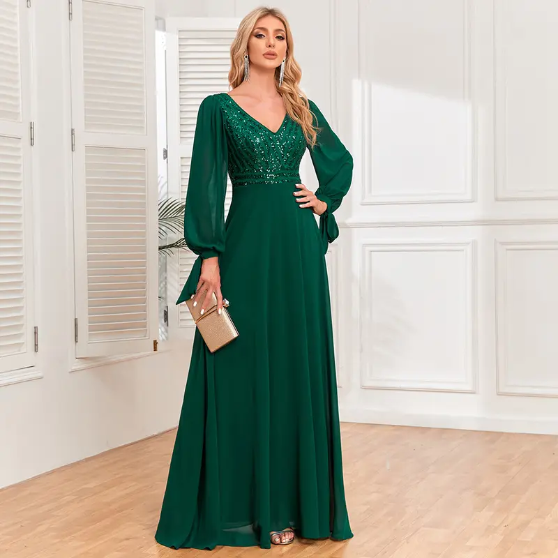 New long-sleeved lace-up high-quality double V-neck bead splicing chiffon A-shaped large pendulum fully lined party evening dress 1