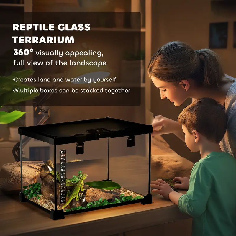 PawHut Glass Reptile Terrarium Insect Breeding Tank Vivarium Habitats with Thermometer for Lizards, Horned Frogs, Snakes, Spiders 1