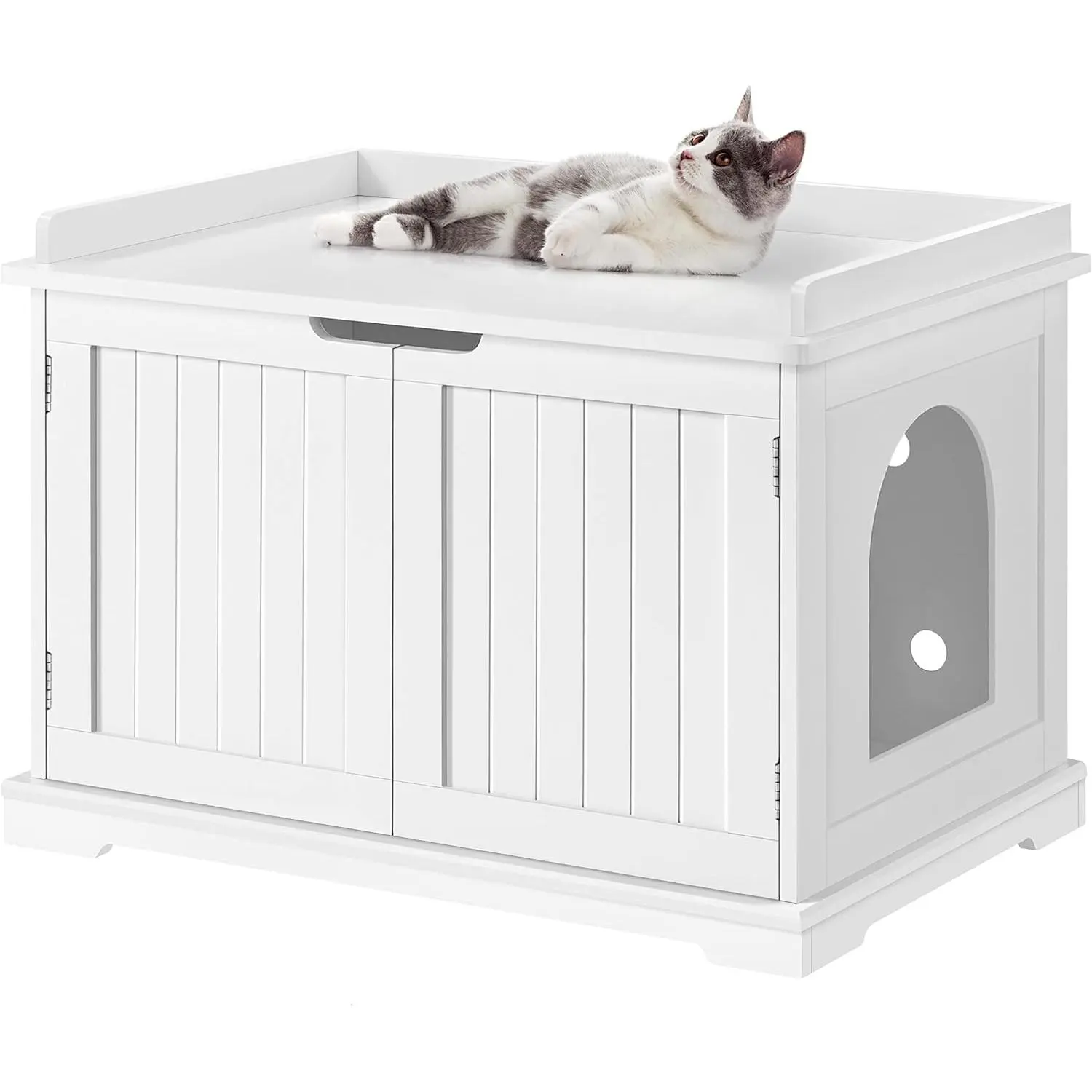 Cat Litter Box Enclosure, Indoor Hidden Litter Box Washroom Storage Bench with Double Doors, Moveable Partition & Ventilation Holes for Cat Kitty, White