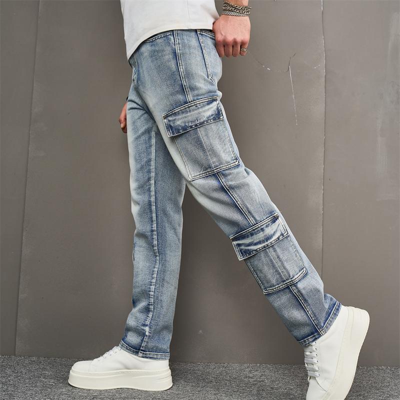 Product Introduction of Men Multiple pockets Cargo Jeans Stylish Streetwear Male Loose Carpenter Straight Casual Denim Pants 9