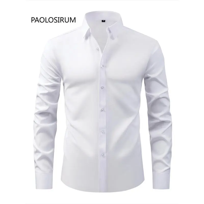 Men's Solid Color Lapel Collar Design Dress Shirts, Long Sleeve Casual Button Up Shirt For Formal Occasions