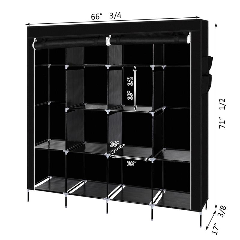 Hot Selling Item High-Capacity  12 Shelves Portable Wardrobe Clothes Storage Rack 4 Side Pockets Black 6