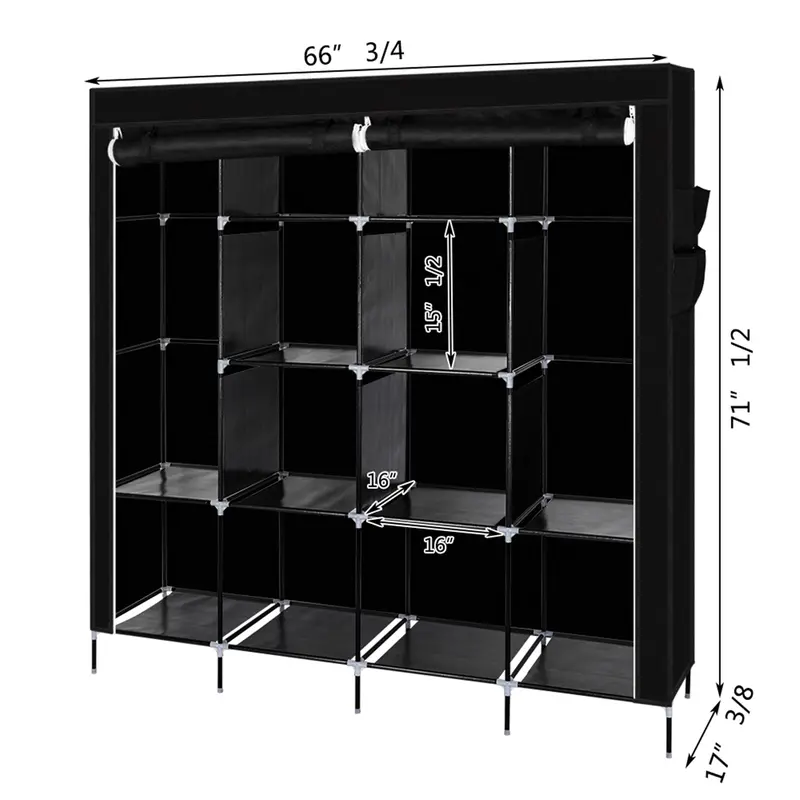 Hot Selling Item High-Capacity  12 Shelves Portable Wardrobe Clothes Storage Rack 4 Side Pockets Black 6